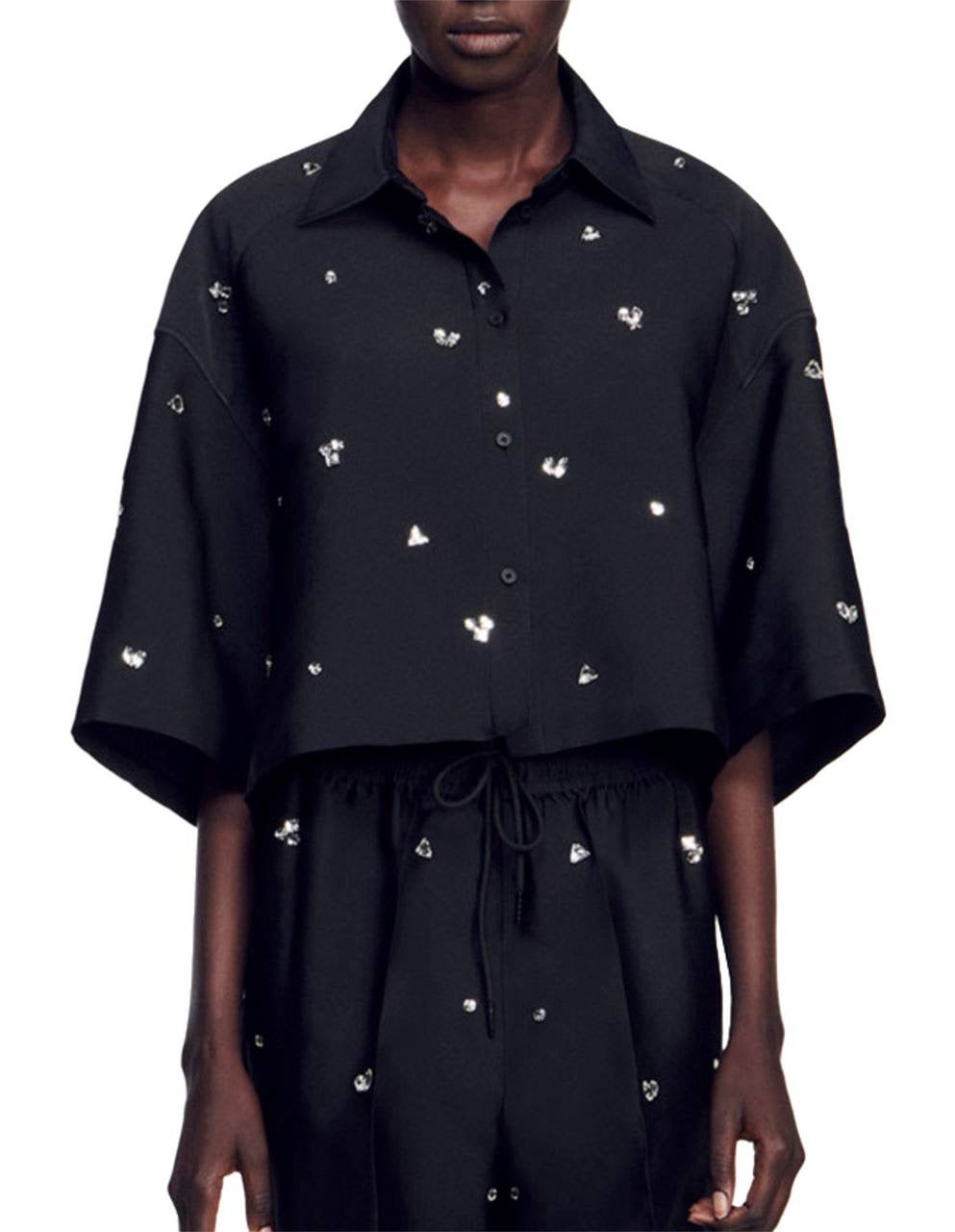 SD Mentissa Silk-blend Rhinestone Embellished Cropped Shirt