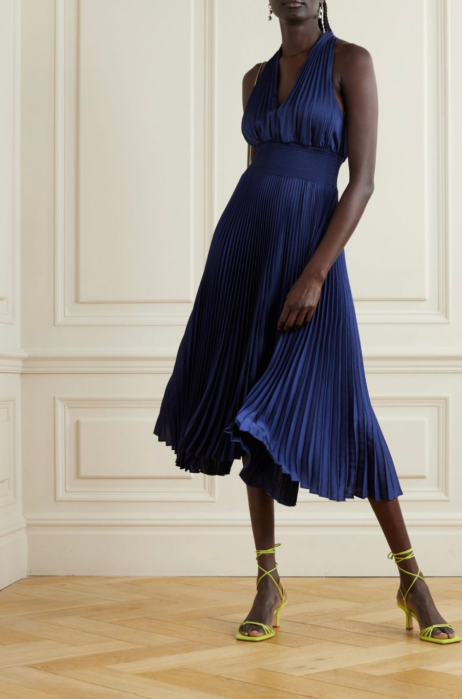 ALC Rose Satin Pleated Midi Dress in Chicory | Riviera