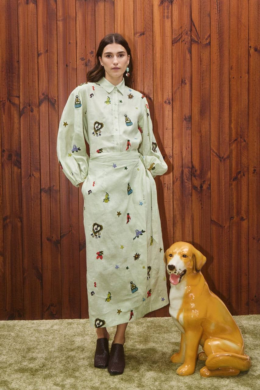 ALM Montie Embroidered Linen Shirt | Tie Wrap Midi Skirt | Set
