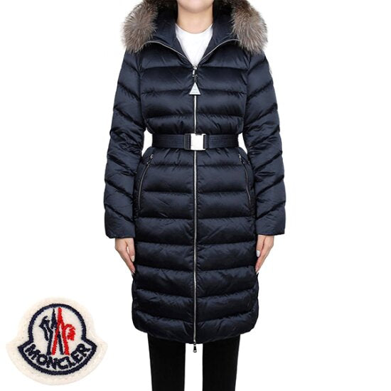 MC Leersie Hooded Shearling-Trimmed Long Down Jacket Coat in Navy Blue