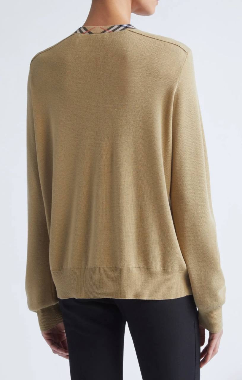 Check-trim Collar Wool Crewneck Cardigan