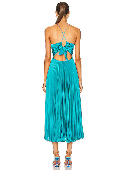 Gemini Pleated Tie-Back Cutout Midi Dress