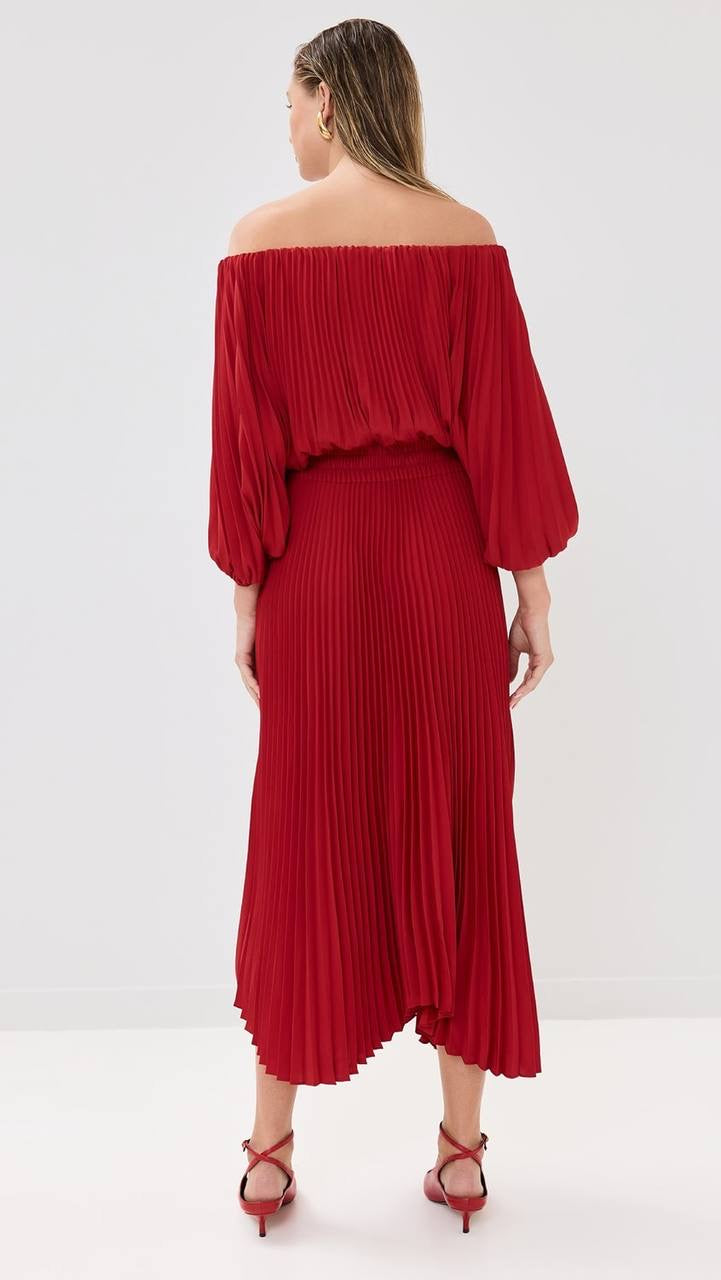 ALC Sienna Satin Pleated Off-Shoulder Midi Dress