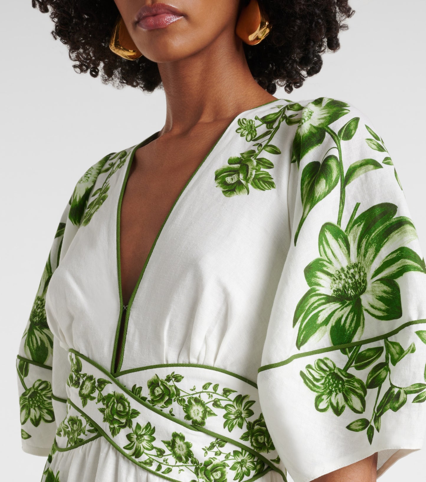 FR Green Floral Cascade Blue Yard Linen-Viscose Midi Dress
