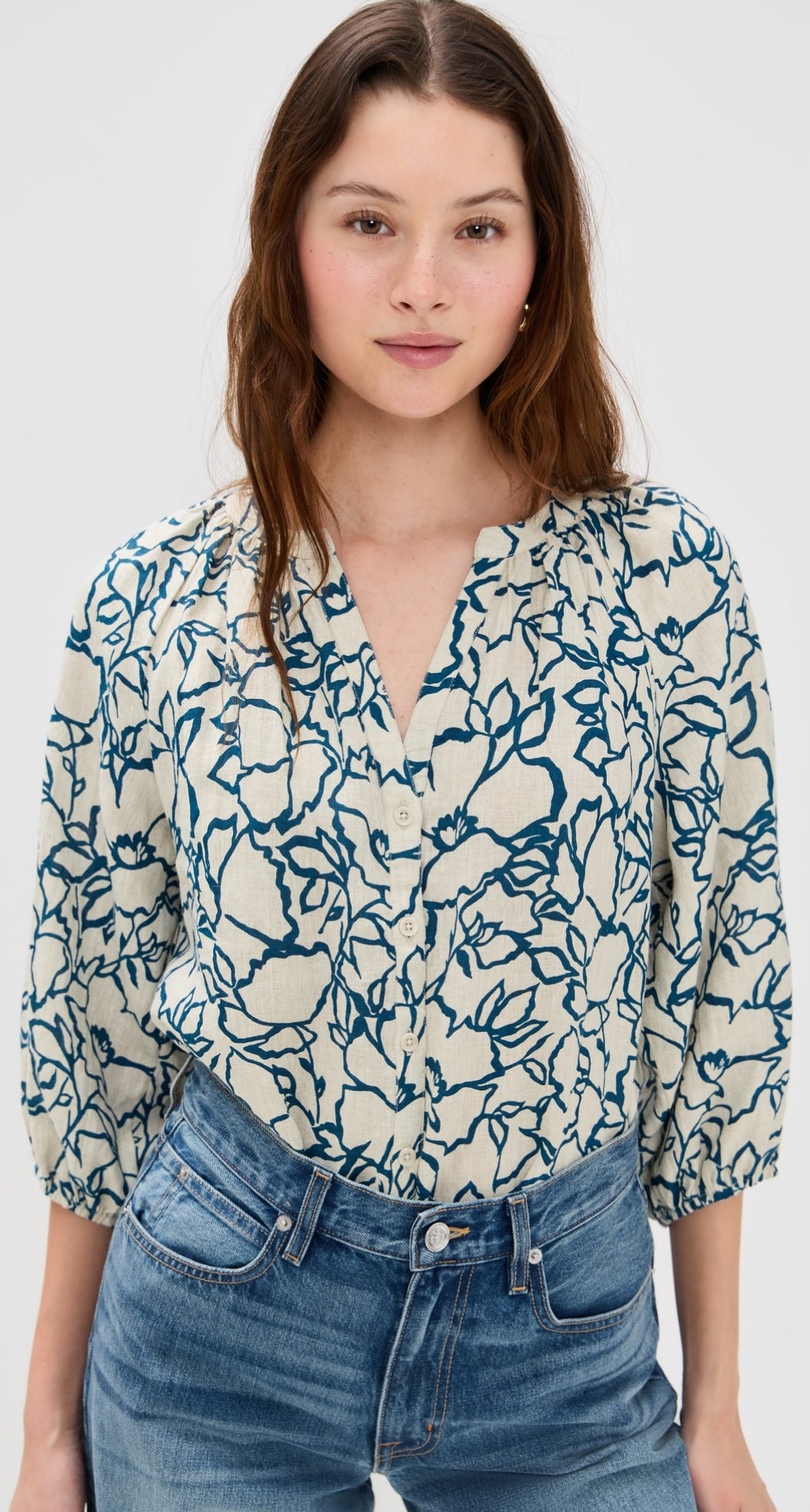 AA Mite 3/4 Sleeve Linen Blouse Top in Lace Floral Flax