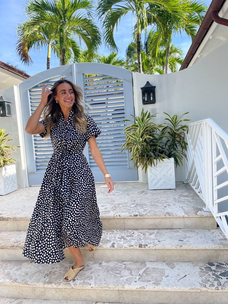 CC Asbury Cotton Midi Dress Abstract Navy Dot