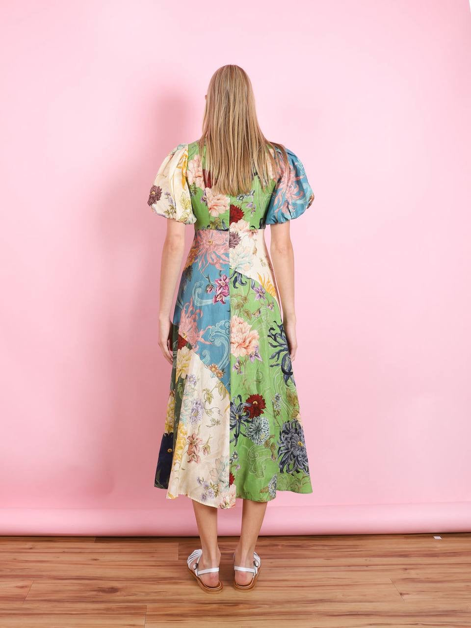 ALM Avery Puff Sleeve Linen Spliced Midi Dress