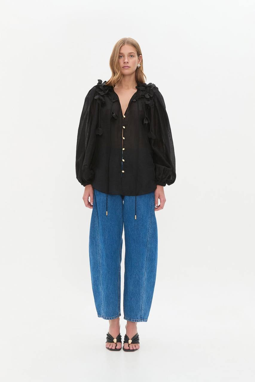 AJ Camille 3D Flower Linen-Blend Blouse Top