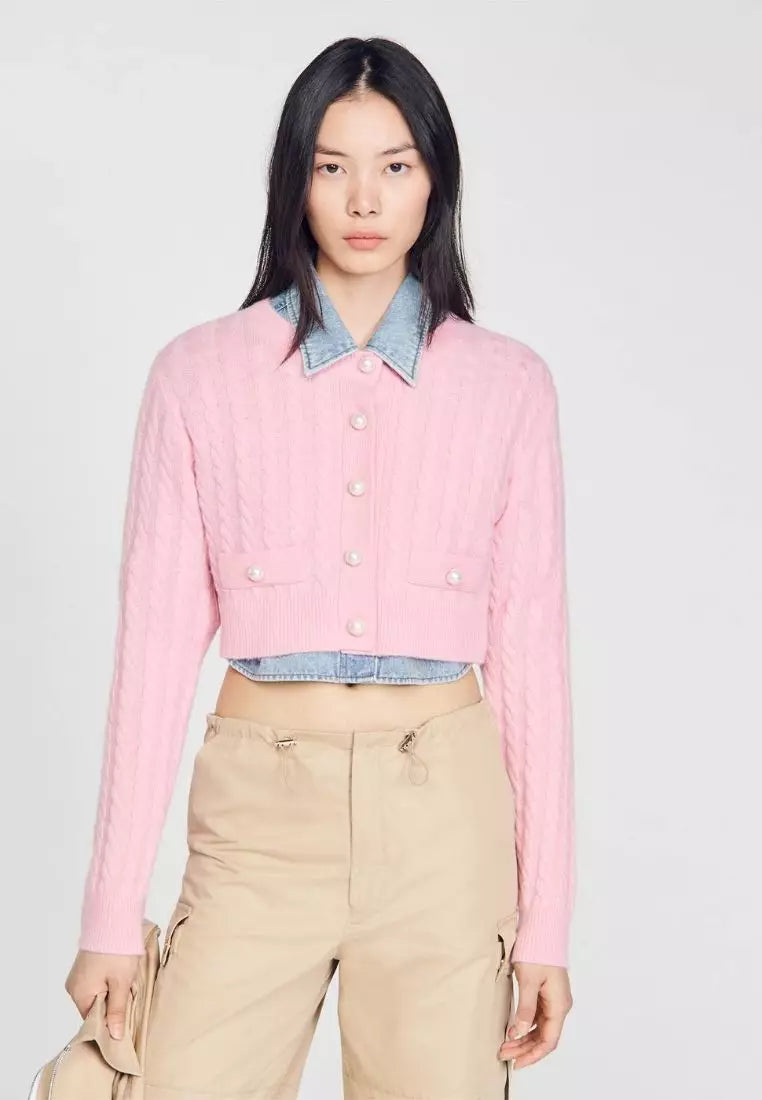 SD Elina Cable Knit Coatigan with faux pearl wool-cashmere cropped cardigan