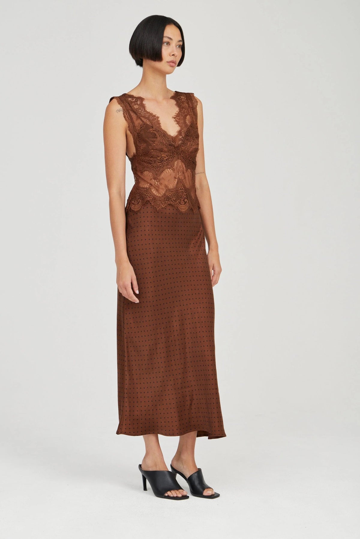 TF Visions Lace Deep V Cupro-rayon Satin Midi Maxi Dress