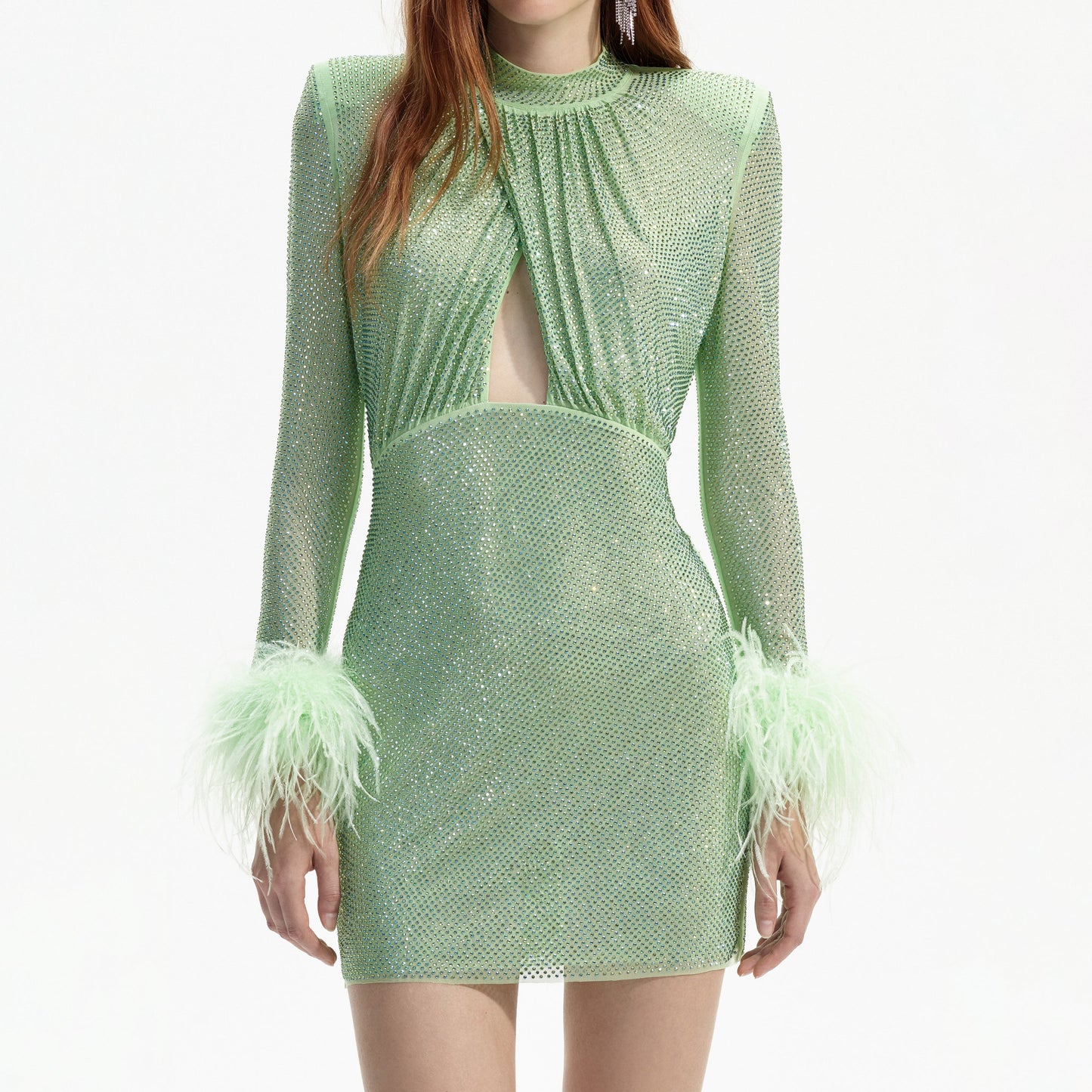 SP Green Rhinestone Feather Mini Dress