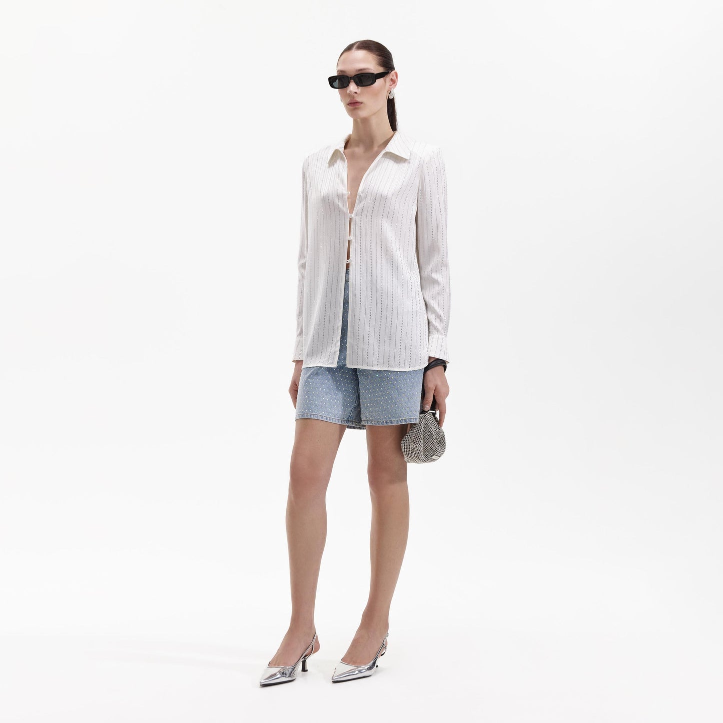SP White Rhinestone Stripe Shirt | Collar Long Sleeve Button Down