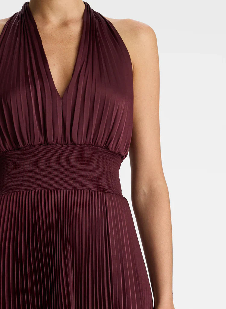 ALC Rose Satin Pleated Midi Dress in Chicory | Riviera