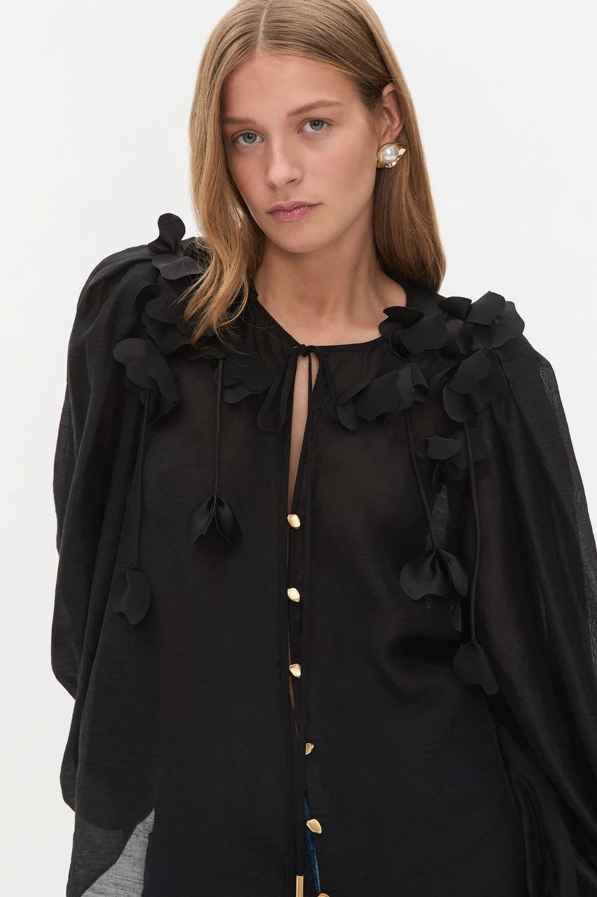 AJ Camille 3D Flower Linen-Blend Blouse Top