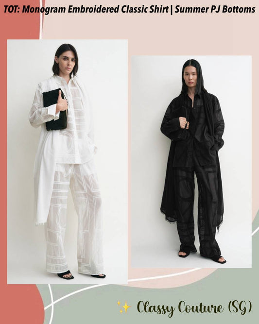 TOT Monogram Embroidered Classic Shirt | Summer PJ Bottoms Pant | Silk-Cotton Set