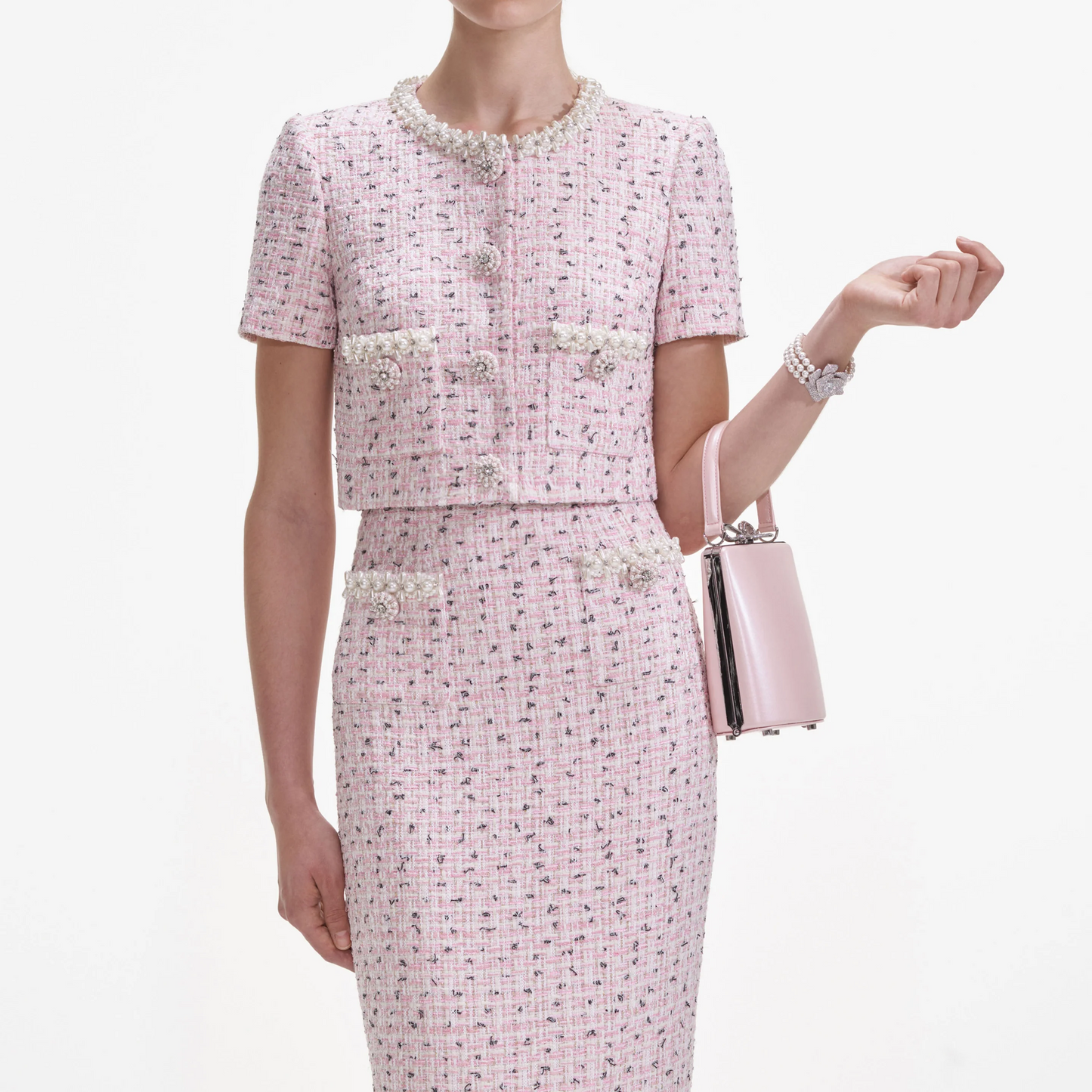 SP Pink Boucle Pearl Crop Top | Midi Skirt | Mini Dress | Set