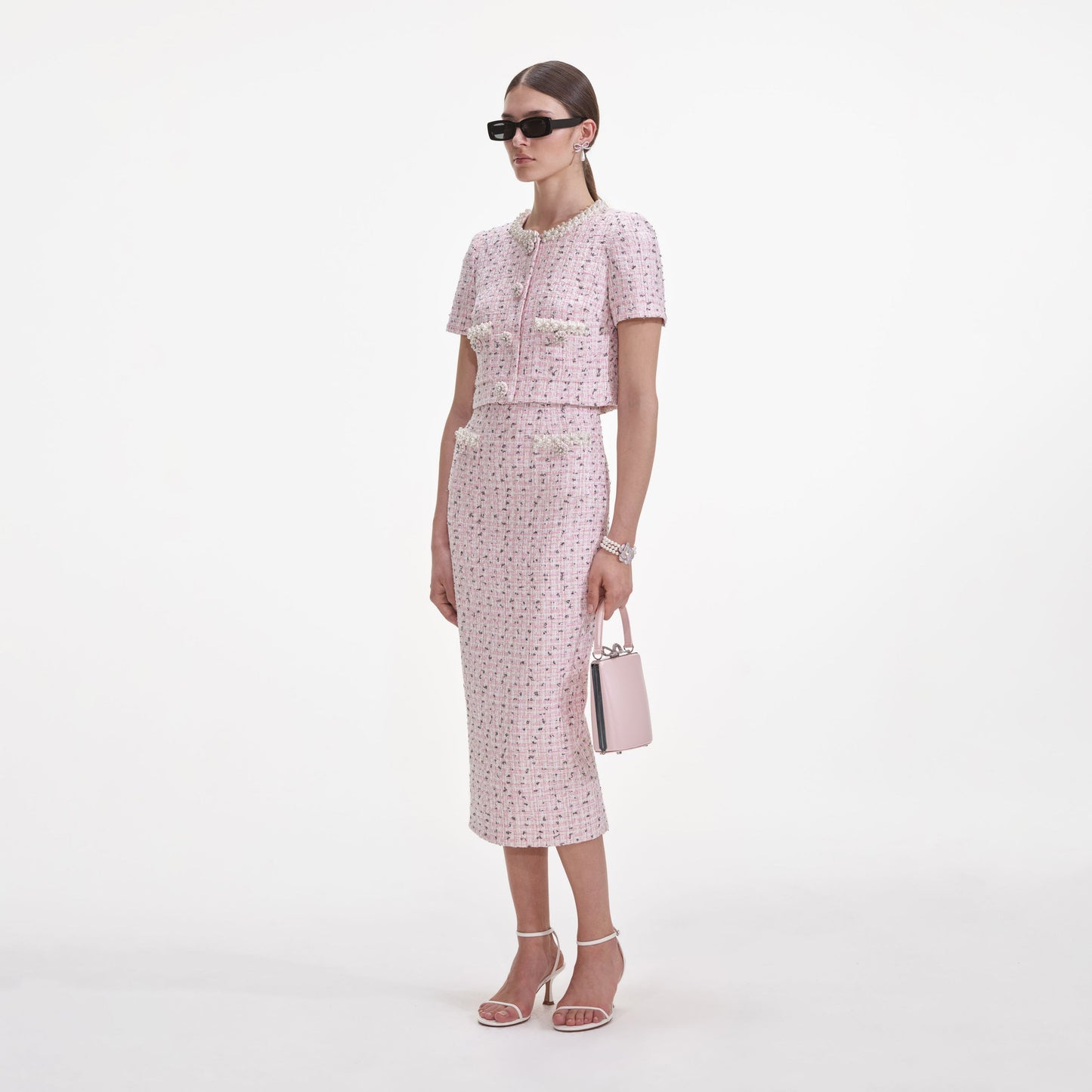 SP Pink Boucle Pearl Crop Top | Midi Skirt | Mini Dress | Set
