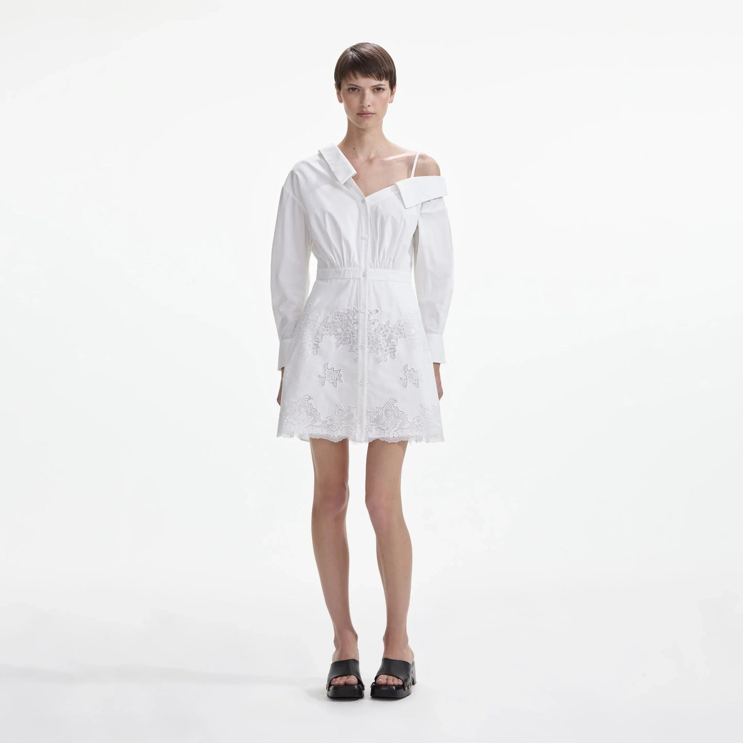 SP White Cotton Lace Hem Mini Dress Cold Shoulder