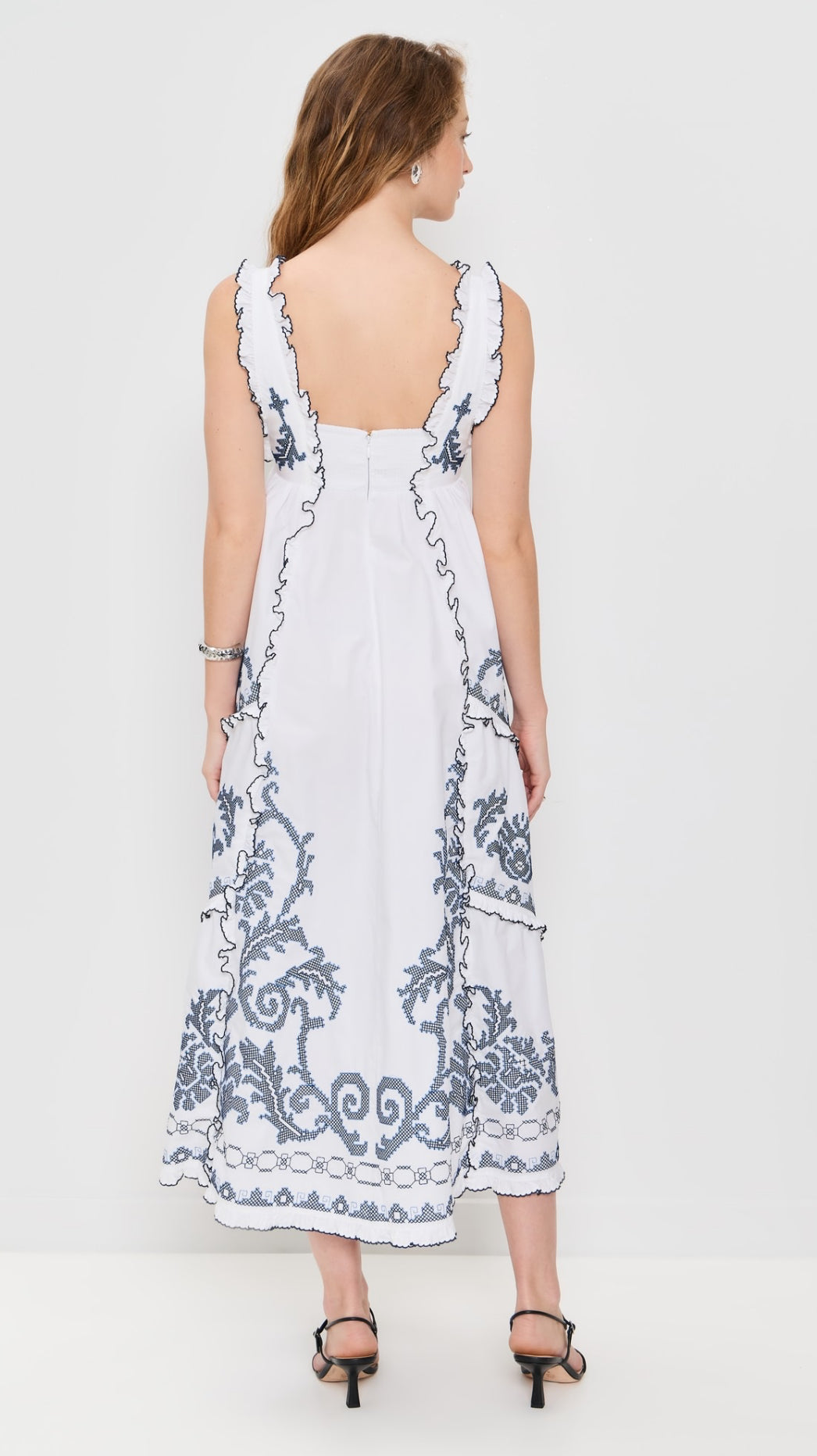 ALM Hazel Smocked Embroidered Sundress Midi Dress