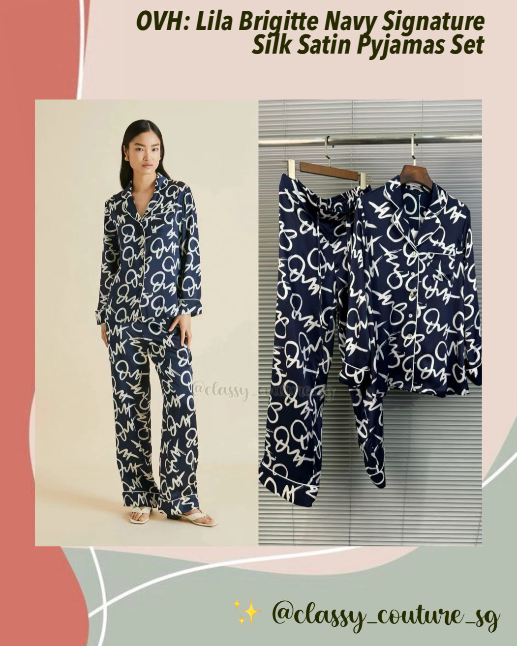 OVH Lila Brigitte Navy Signature Silk Satin Pyjamas Set