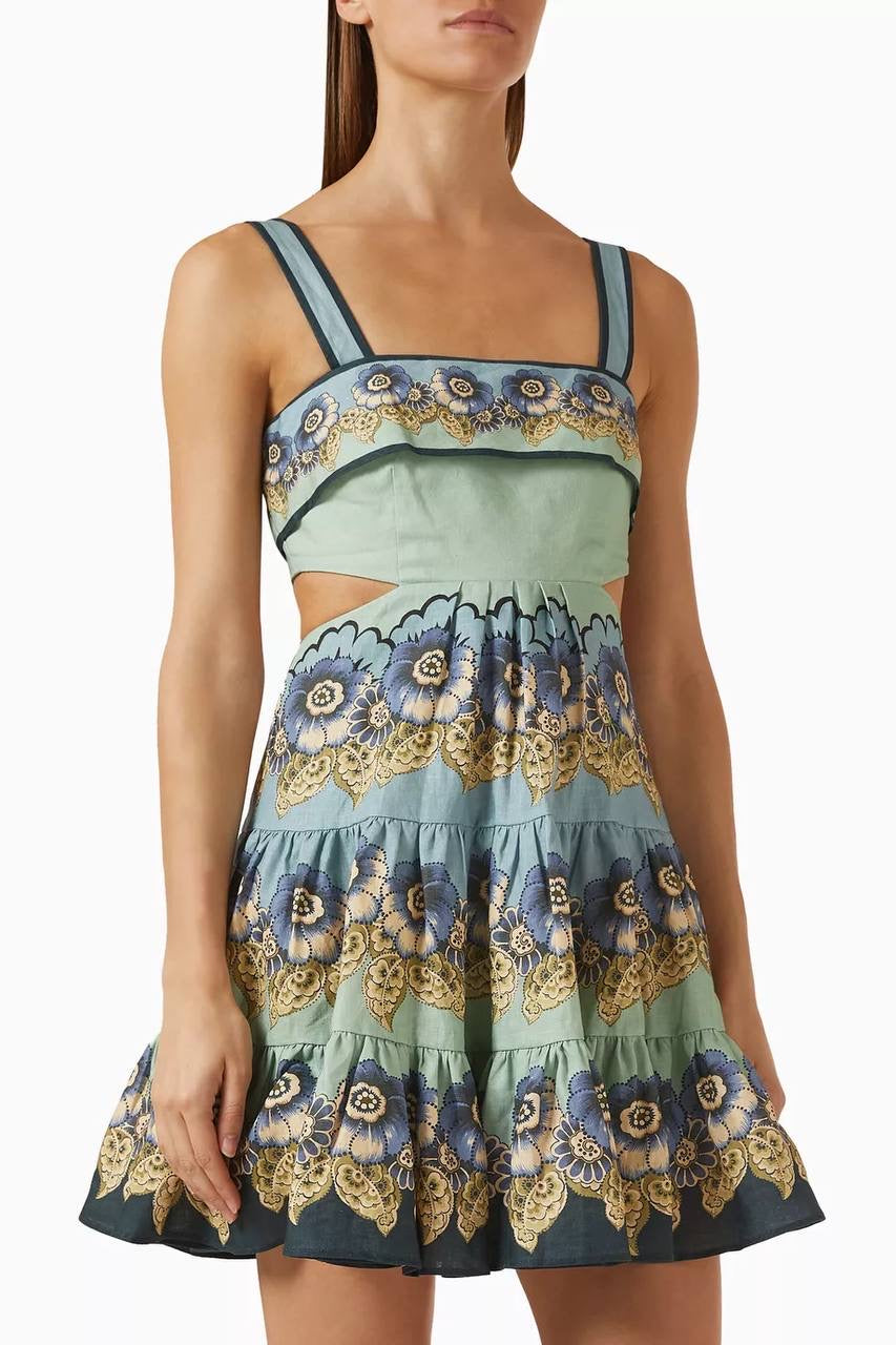 ALM Madalena Linen Sleeveless Cut-Out Tiered Mini Dress