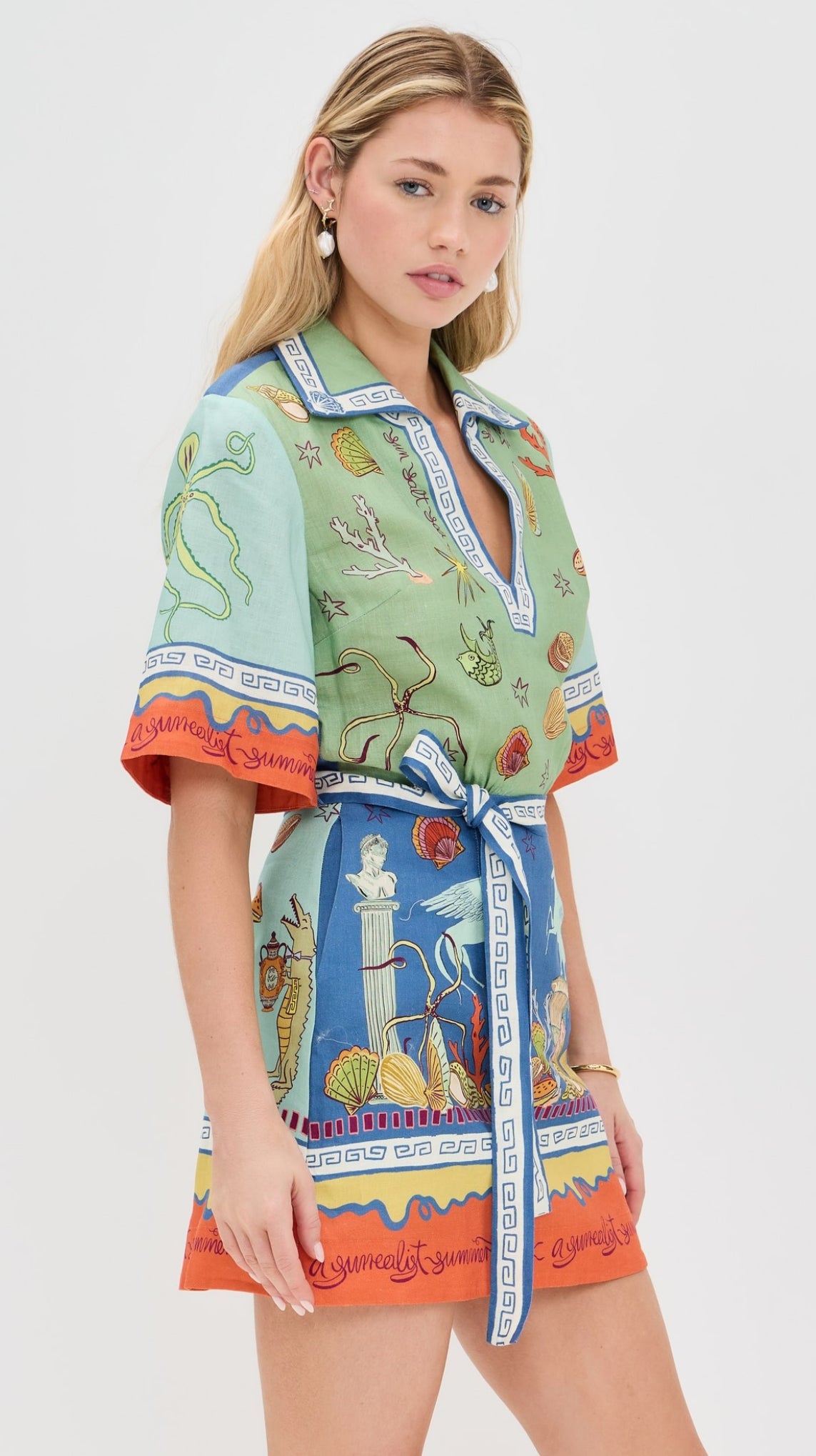 ALM Surrealist Summer V-neck Linen Mini Dress