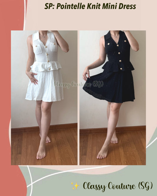 SP Pointelle Knit Collared Mini Dress in White & Black