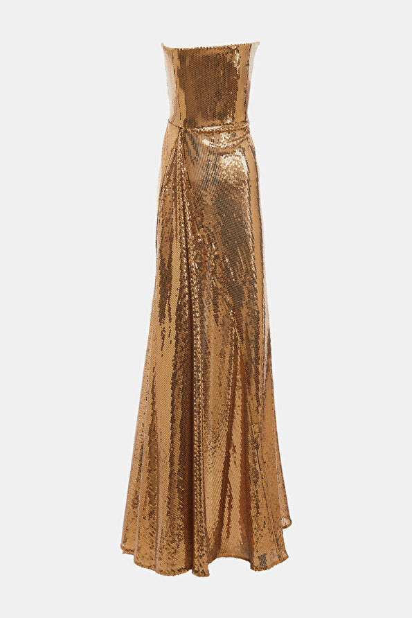 AP Strapless Godet Draped Sequin Gown Maxi Dress