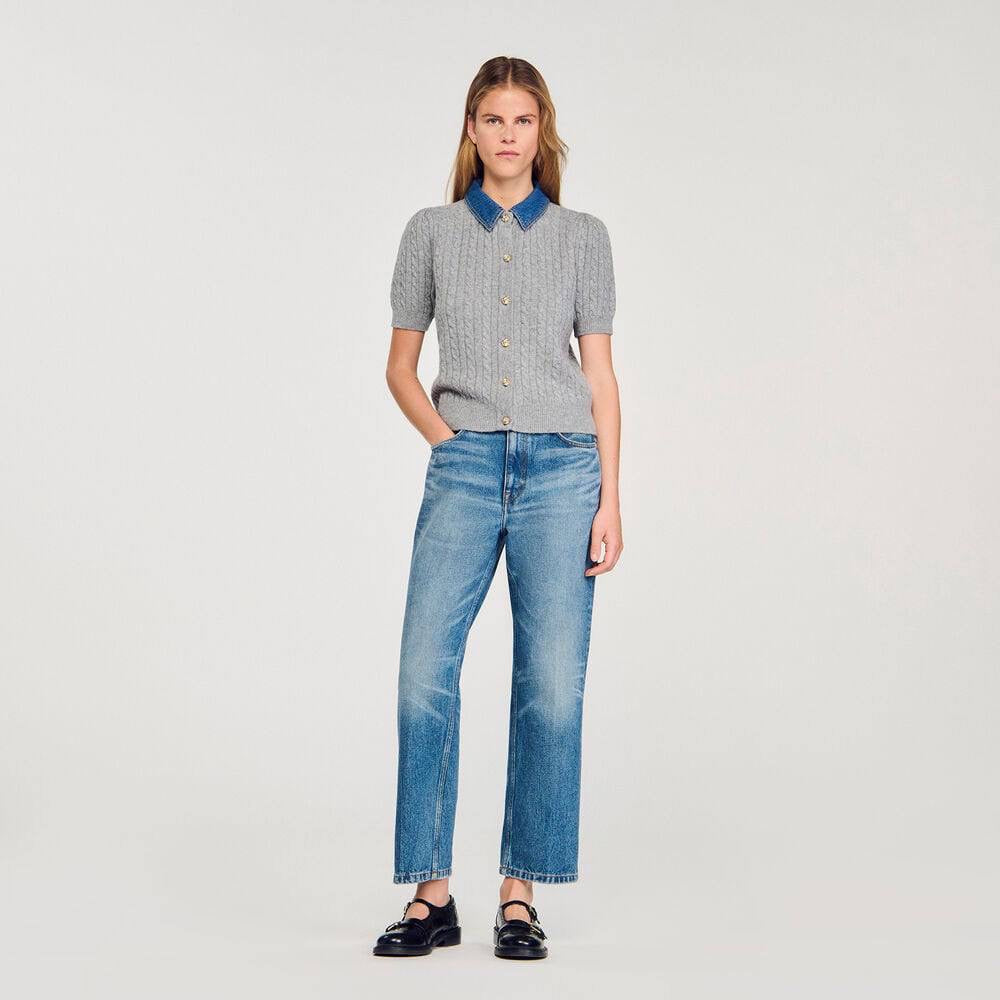 SD Mado Denim Collar Short-sleeved Wool-Cashmere Cable Knit Cardigan