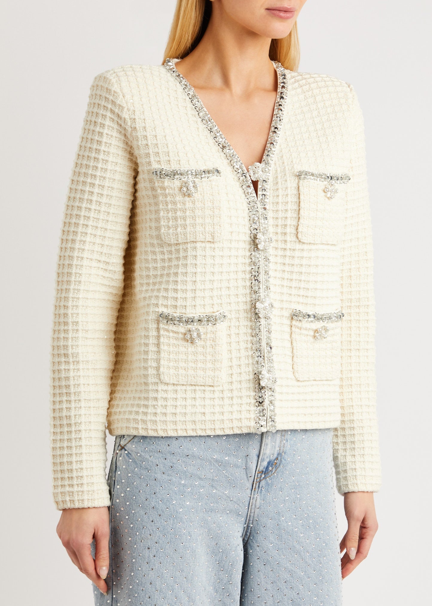SP Ivory Crystal-Embellished Waffle-Knit Cardigan