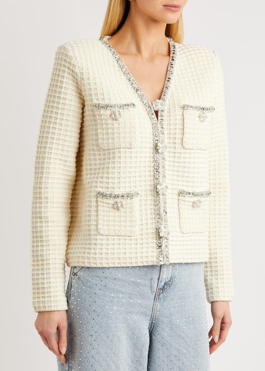 SP Ivory Crystal-Embellished Waffle-Knit Cardigan