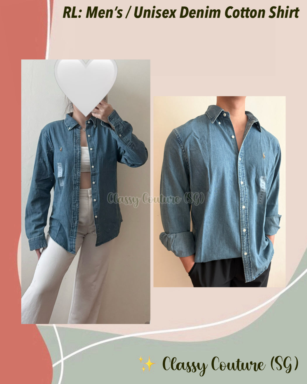 RL Men’s / Unisex Custom Slim Fit Denim Cotton Shirt