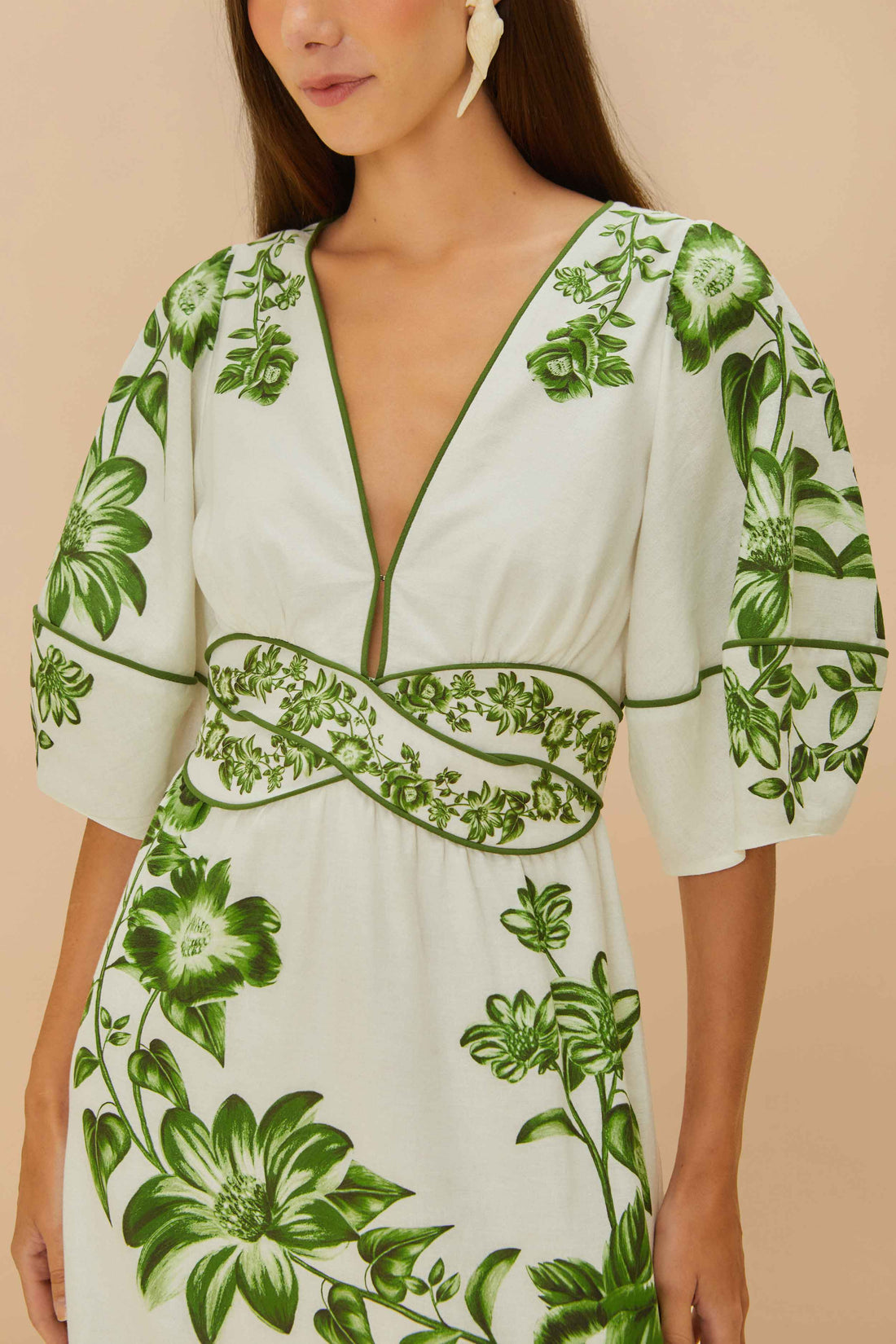 FR Green Floral Cascade Blue Yard Linen-Viscose Midi Dress