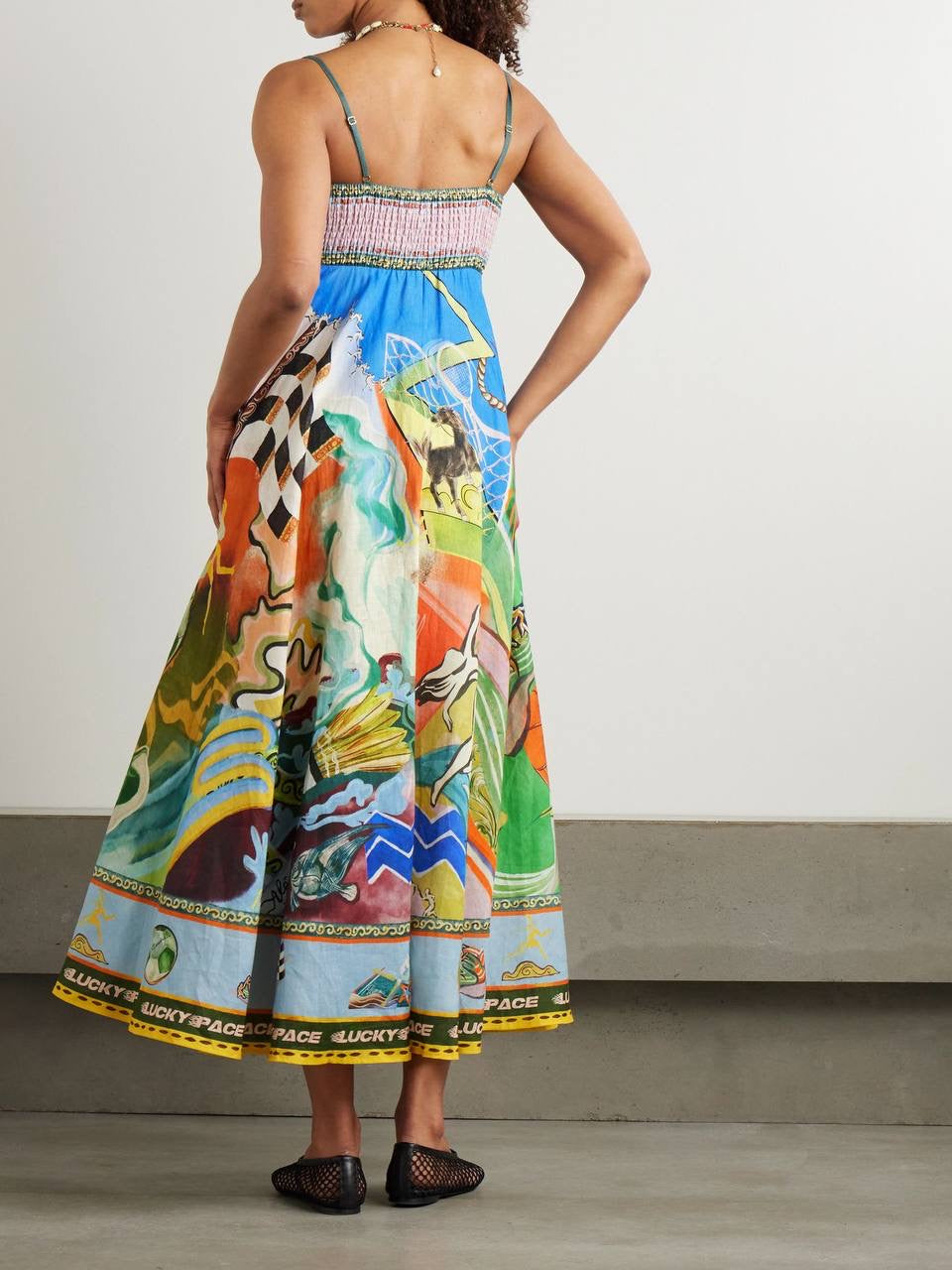 ALM Lucky Pace Printed Linen Midi Dress Sundress
