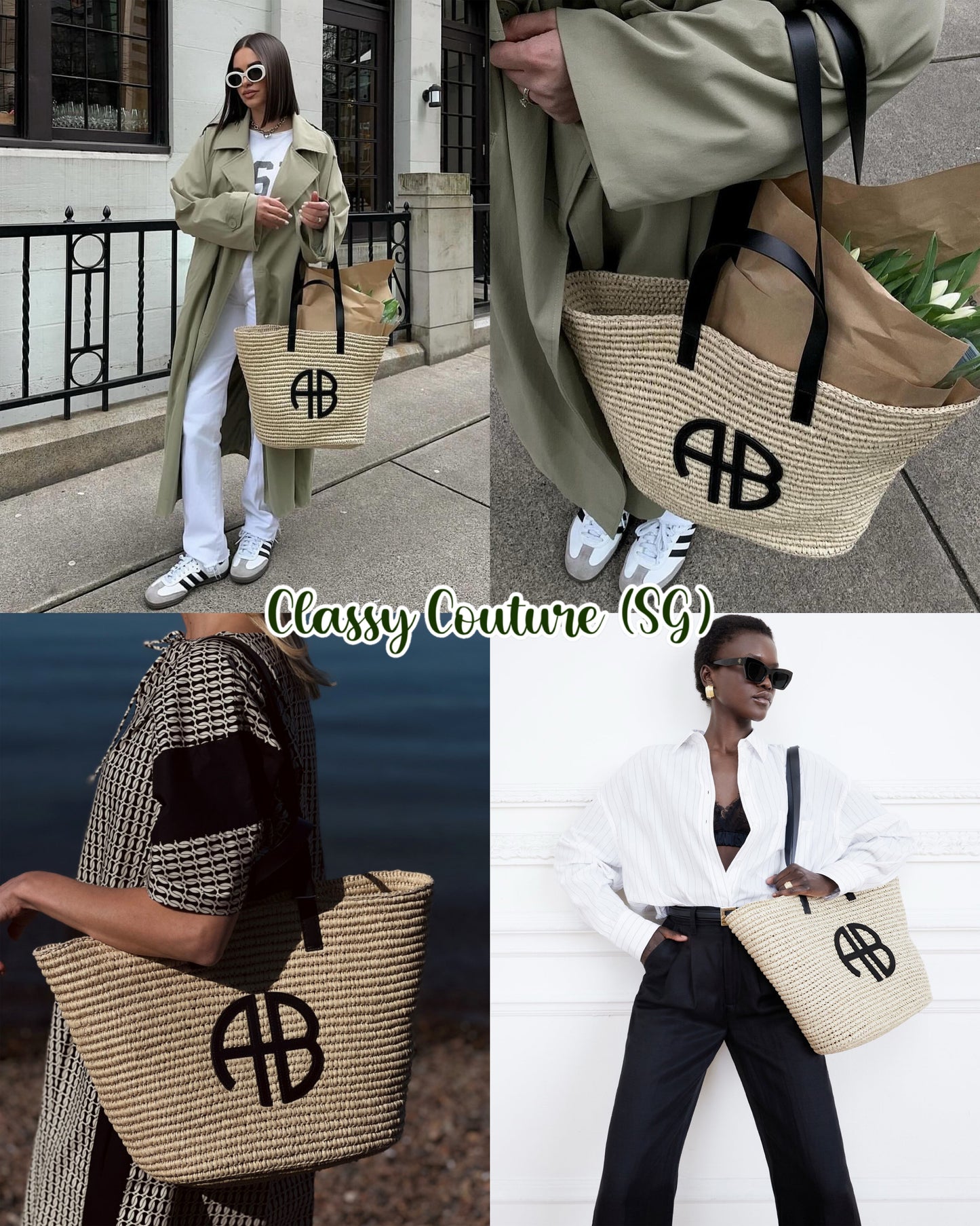 AB Palermo Leather Trim Raffia Straw Large Tote Bag