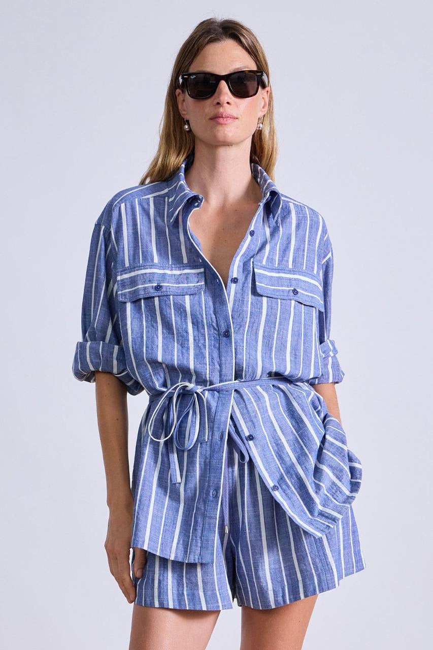 AA Flowe Pocket Button Up Shirt | Trail Shorts | De Vera Wrap Skirt | Striped Cotton Chambray Blue Set