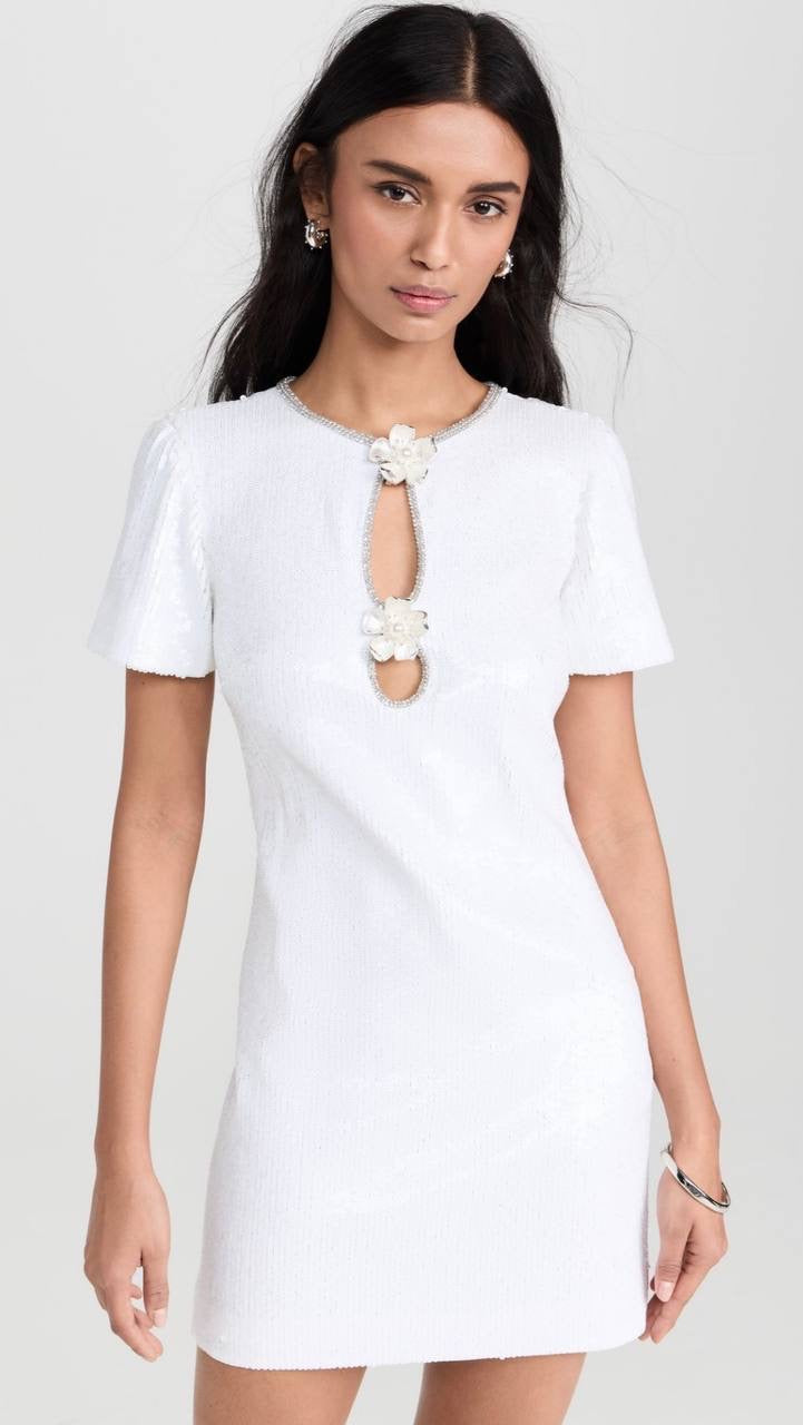 SALE! SP Jisoo White Sequin Embellished Floral Broach Keyhole Mini Dress