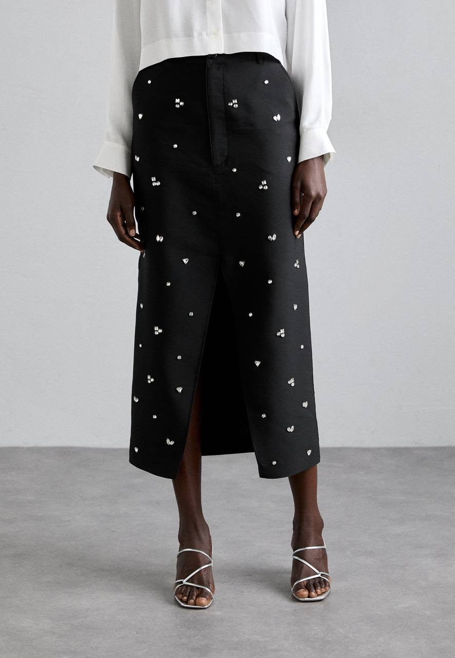 SD Interstellar Rhinestone Pencil Midi Skirt in Black