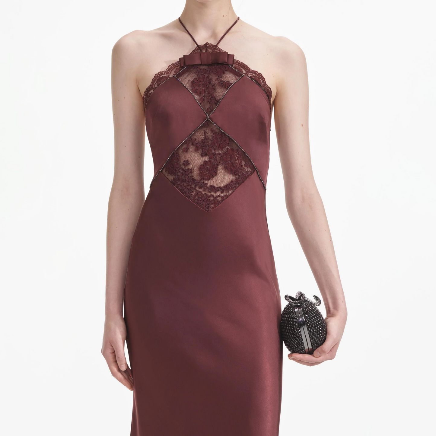 SP Brown Satin Halter Backless Maxi Dress with Lace Cut Out