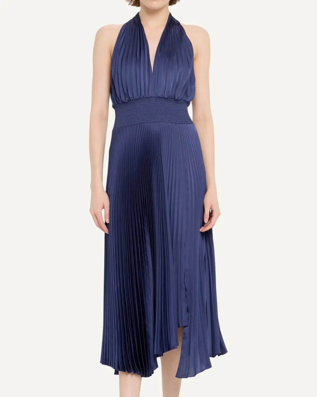 ALC Rose Satin Pleated Midi Dress in Chicory | Riviera