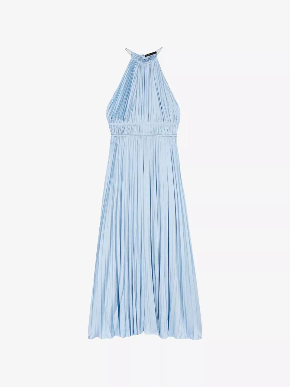 MJ Blue Sky Satin Pleated Plissé-Effect Halter Midi Maxi Dress