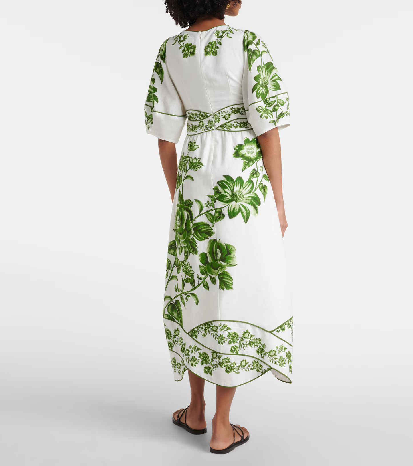 FR Green Floral Cascade Blue Yard Linen-Viscose Midi Dress