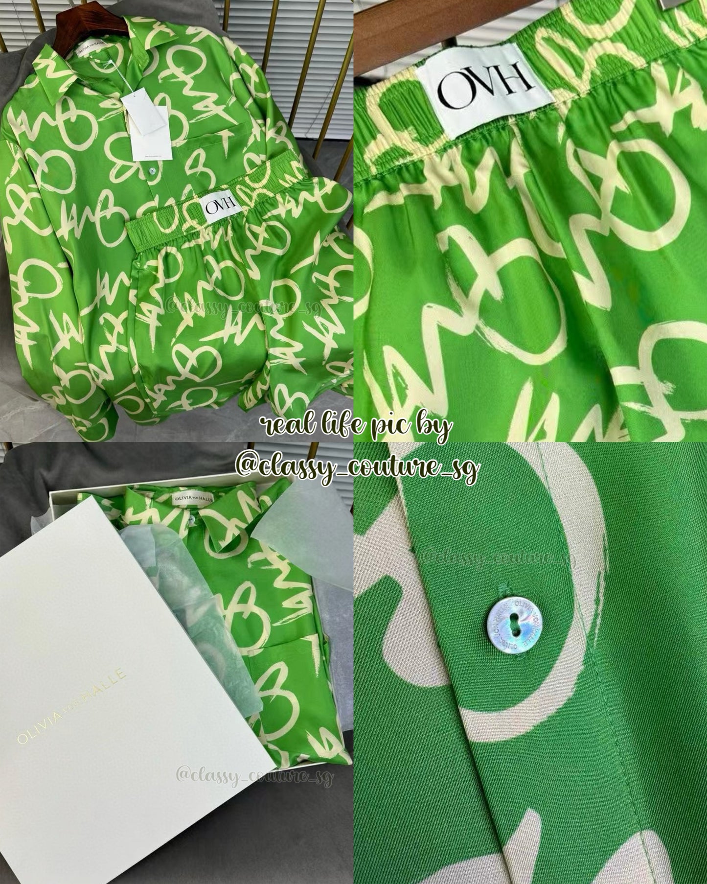 OVH Kick Print Green Signature Silk Twill Pyjamas Shirt Shorts Set