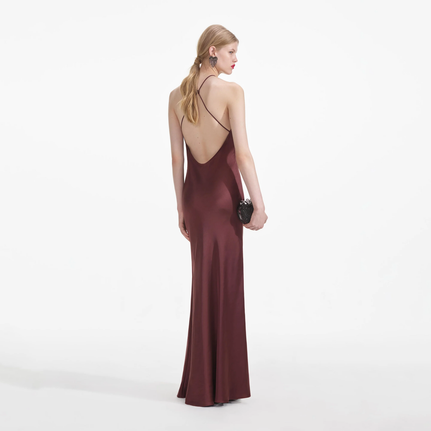 SP Brown Satin Halter Backless Maxi Dress with Lace Cut Out