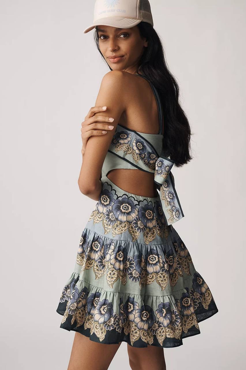 ALM Madalena Linen Sleeveless Cut-Out Tiered Mini Dress