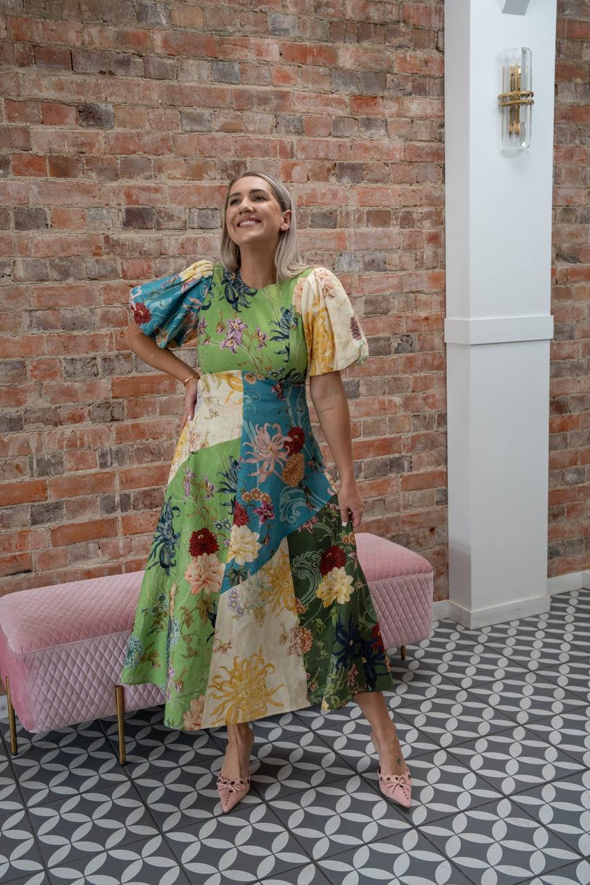 ALM Avery Puff Sleeve Linen Spliced Midi Dress