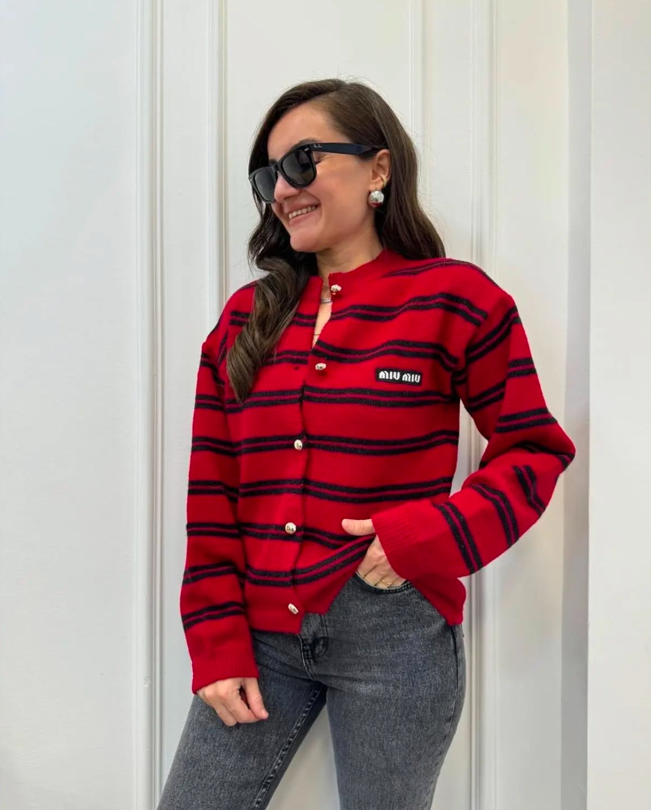 MM Shetland Knit Wool Cardigan in Red/Black Stripe