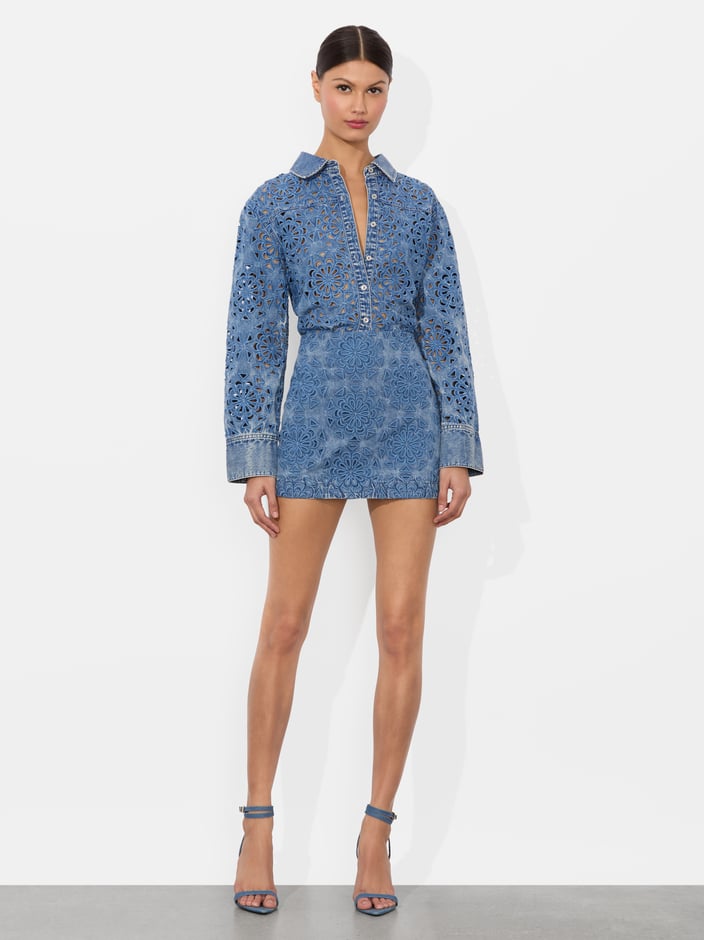 AO Finely Lasercut Denim Shirt | Weezy Jean Pants | Rubi Mini Skirt | Set