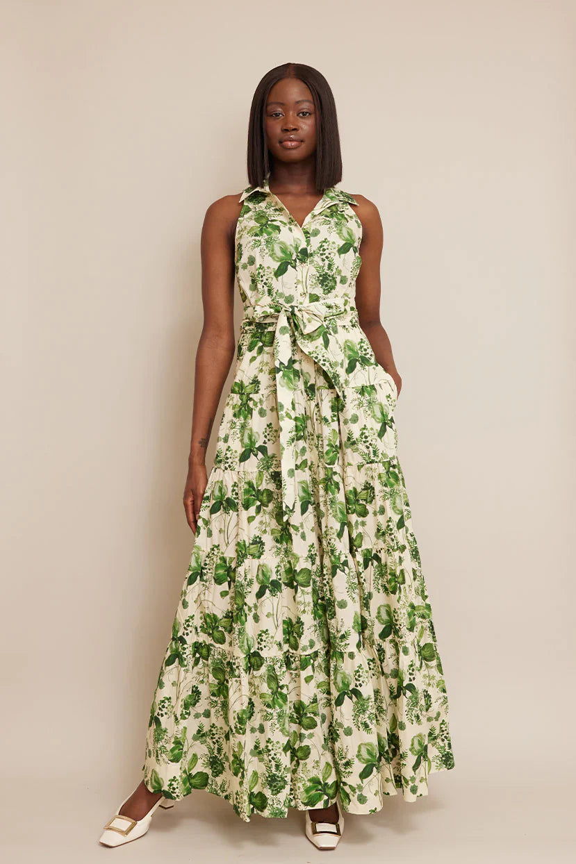 CC Adriana Cotton Maxi Dress in Olive Hanging Orchids