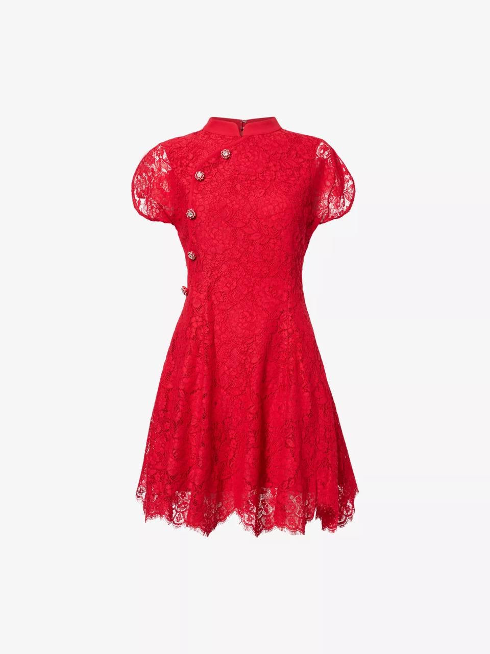 SP Red Lace Cap-Sleeve Cotton-Blend Cheongsam Qipao Mini Dress